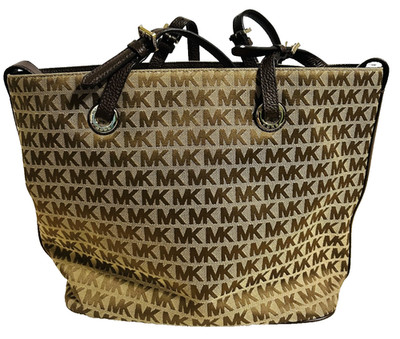 Michael Kors Large MK Signature Tote Brown Leather Handles Zip Pockets