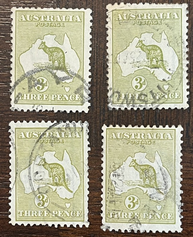 Australia 1915 3d Olive Bistre Kangaroo Scott 47 Lot of 4 Stamps Used