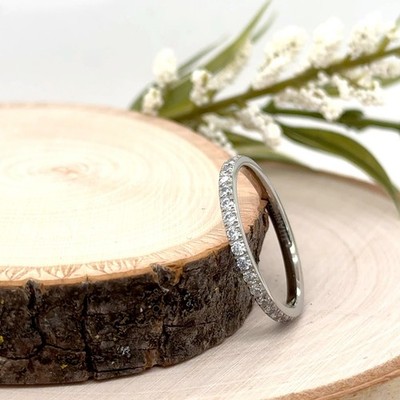 2mm Glossy Silver Titanium Christmas Ring Full CZ Pave Inlay Lightweight Band