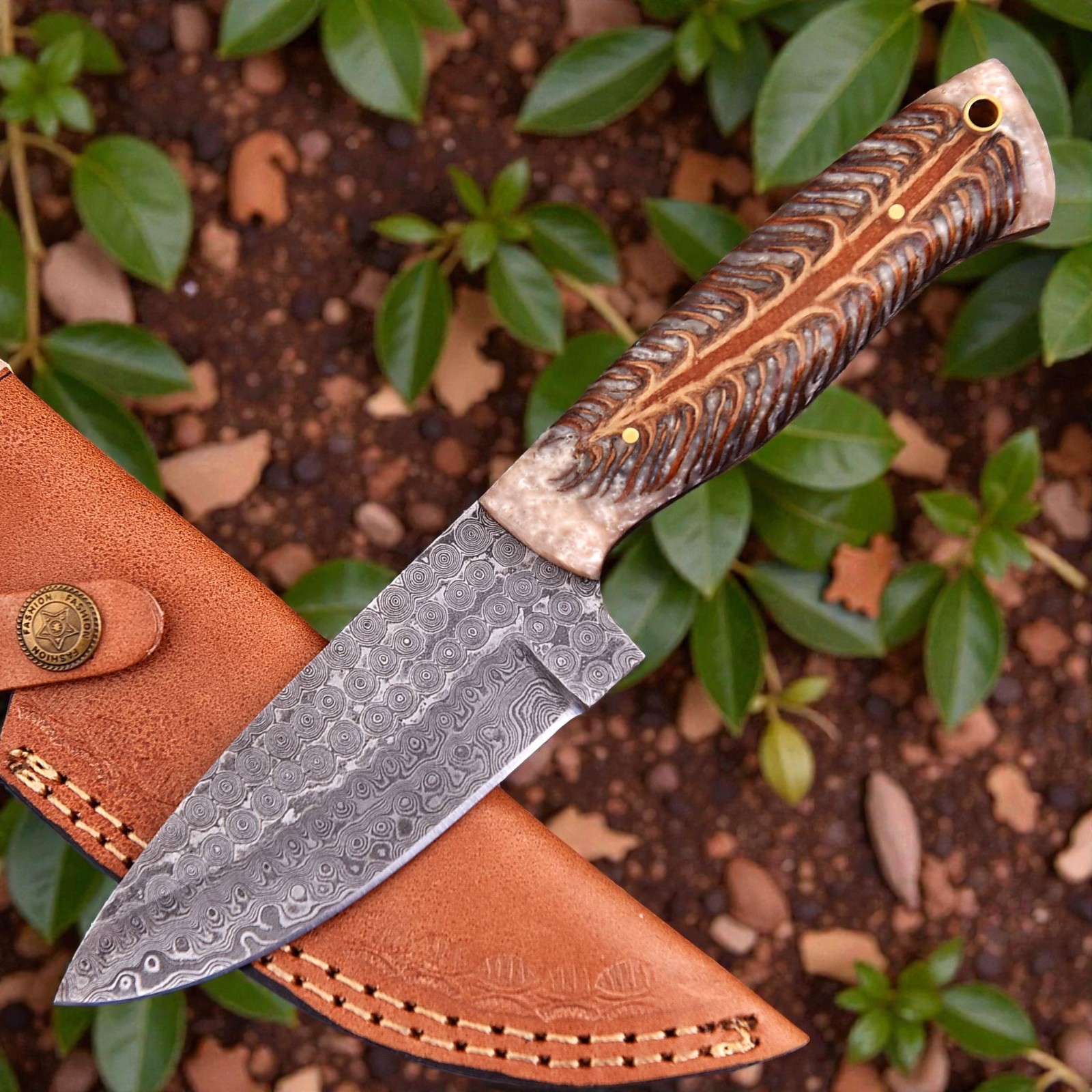 Custom HandMade Forged Damascus Steel Hunting Survival Knife PineCone Resin 2934