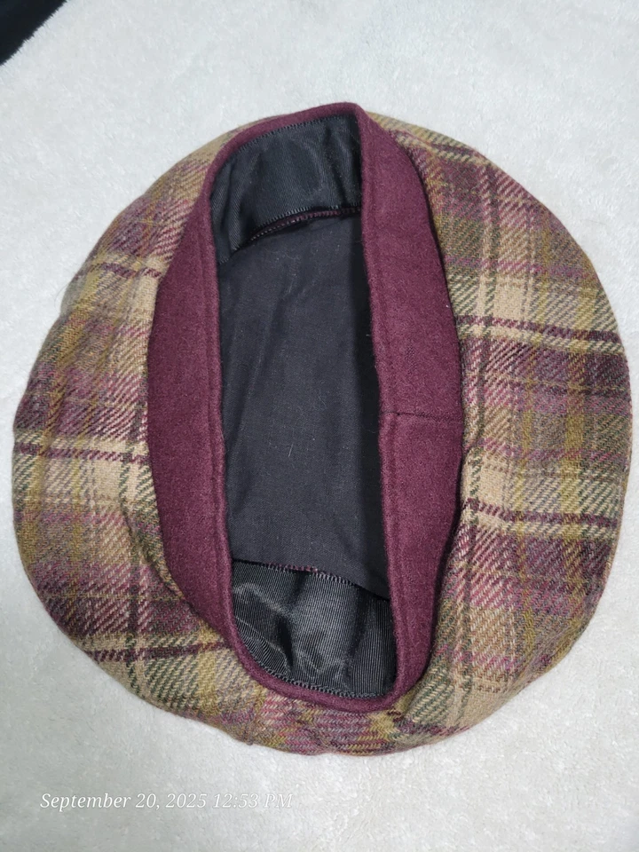 Boina para mujer Liz Claiborne vintage 1992 púrpura/bronceado mezcla de lana a cuadros Foto 2 de 4