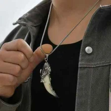 Men's Unique Wolf Tooth Fang Pendant Stainless Steel & 24" Rolo Chain Necklace