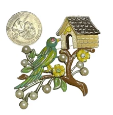 1940's Vintage Bird & Birhouse Figural Enameled Brooch Faux Pearls & Rhinestones