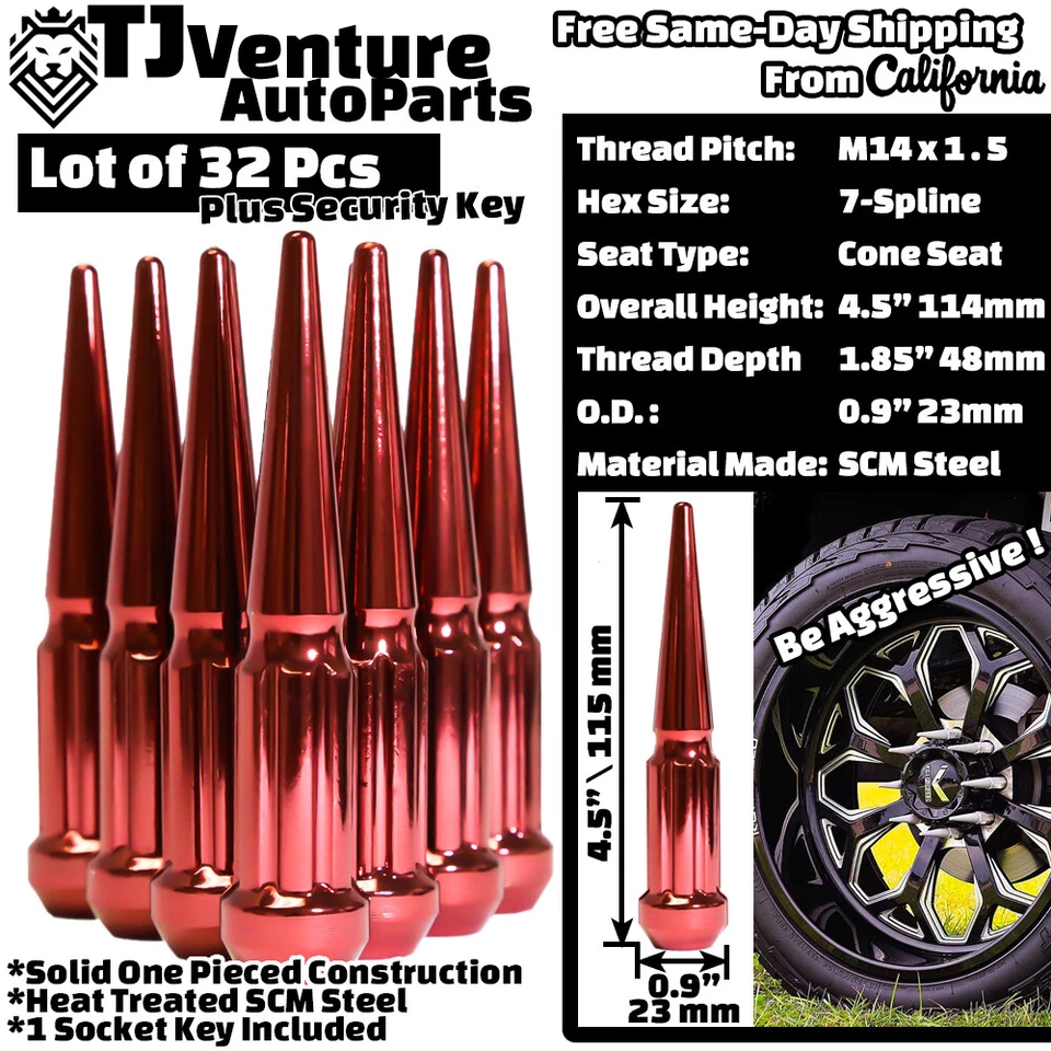 Tuerca de clavo 32 piezas roja 4,5" Spline M14x1,5 + ajuste de llave Ram 2500 Ram 3500 2012-2022 Foto 2 de 3