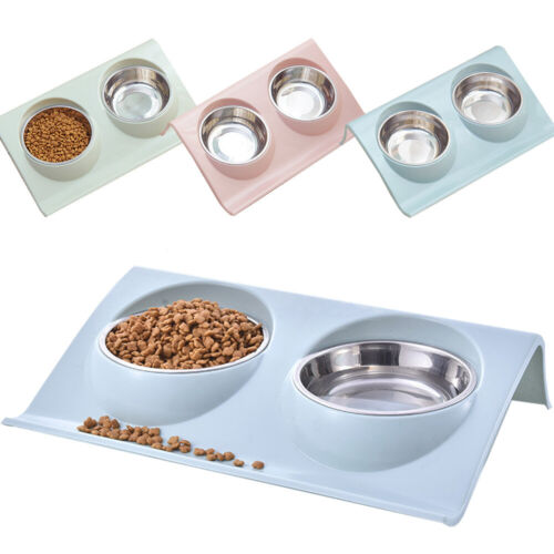 Stainless Steel Dog Cat Feeder Feeding Double Bowls Pet Bowl Water Food Dish - Picture 1 of 21