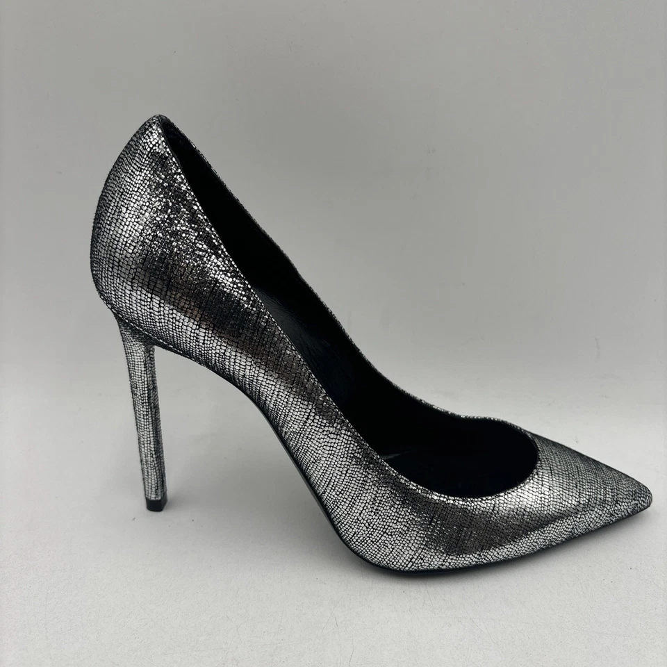 Tacones altos Saint Laurent Zoe metálicos plateados punta para mujer talla 38 Foto 2 de 4