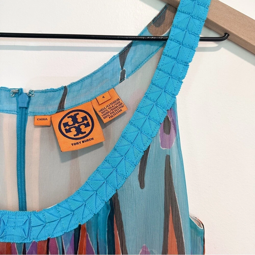 Tory Burch Silk Colorful Dress Ikat Peacock Pleated Sleeveless Midi Luxury Prep