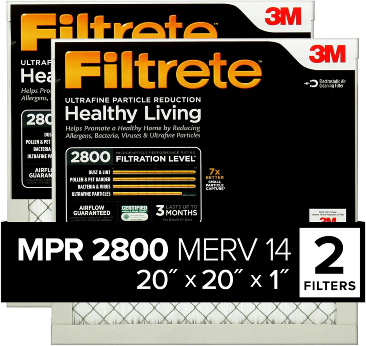 Filtrete 20x20x1 MERV 14 Air Filter 2-Pack Lasts 3 Months MPR 2800