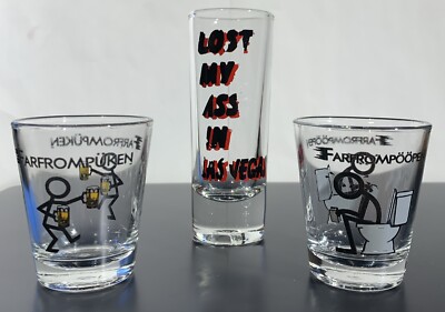 3 Funny Shot Glass Farfrompuken Farfrompoopen Lost Ass Las Vegas Souvenir Joke