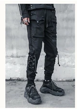 Men's Women Lace Up Punk Cyberpunk Casual Cargo Jogger Active Pants Trousers