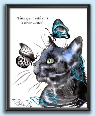 Personalisiertes Aquarell Schwarze Katze Portrait Gemälde Druck aus Original von ili