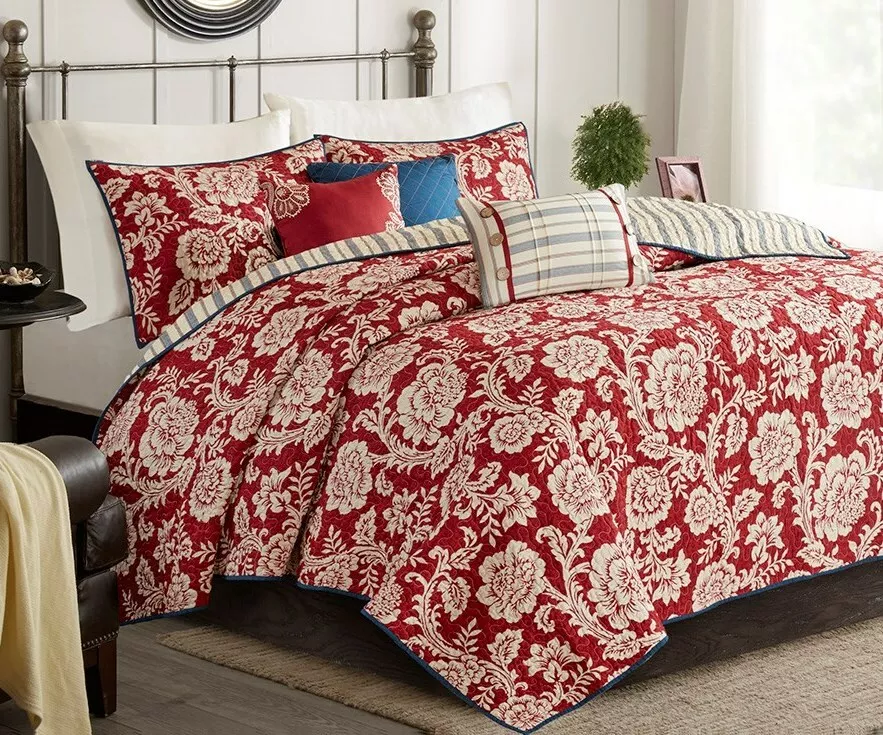 RED FLORAL 9 pc Queen Comforter COTTON FARMHOUSE COUNTRY BLUE