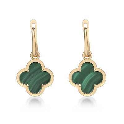 Malachite Flower Drop Earrings in 925 Sterling Silver with Yellow Gold Plating
