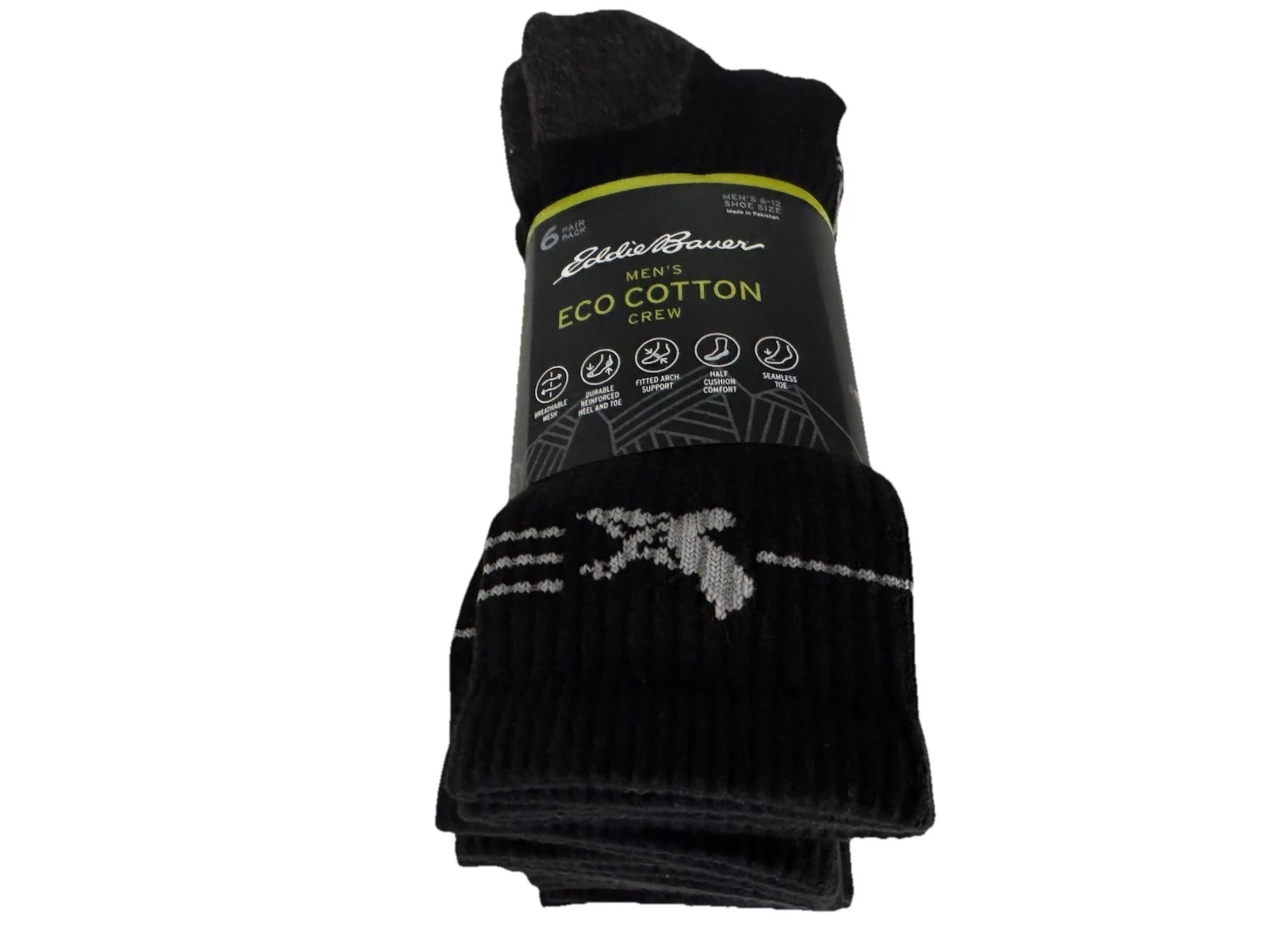 Eddie Bauer Mens Eco Cotton Crew Socks 6-pairs Black New