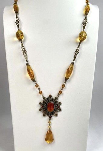 Amber Colored Glass & Filigree Pendant Necklace(Glows)
