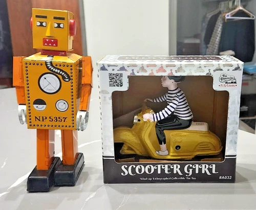 Tin Treasures SCOOTER GIRL on Motor Bike NIB & Schylling Robot Lilliput Wind-ups