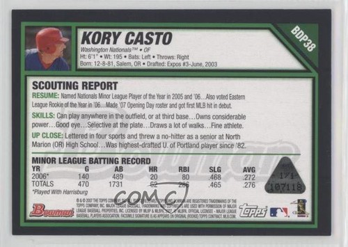 2007 Bowman Draft Chrome Printing Plate Cyan 1/1 Kory Casto #BDP38 1h1 - Picture 2 of 3