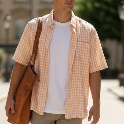 Man XL Linen Peach Luxe  Magaschoni Button Down Short Sleeve Casual Shirt