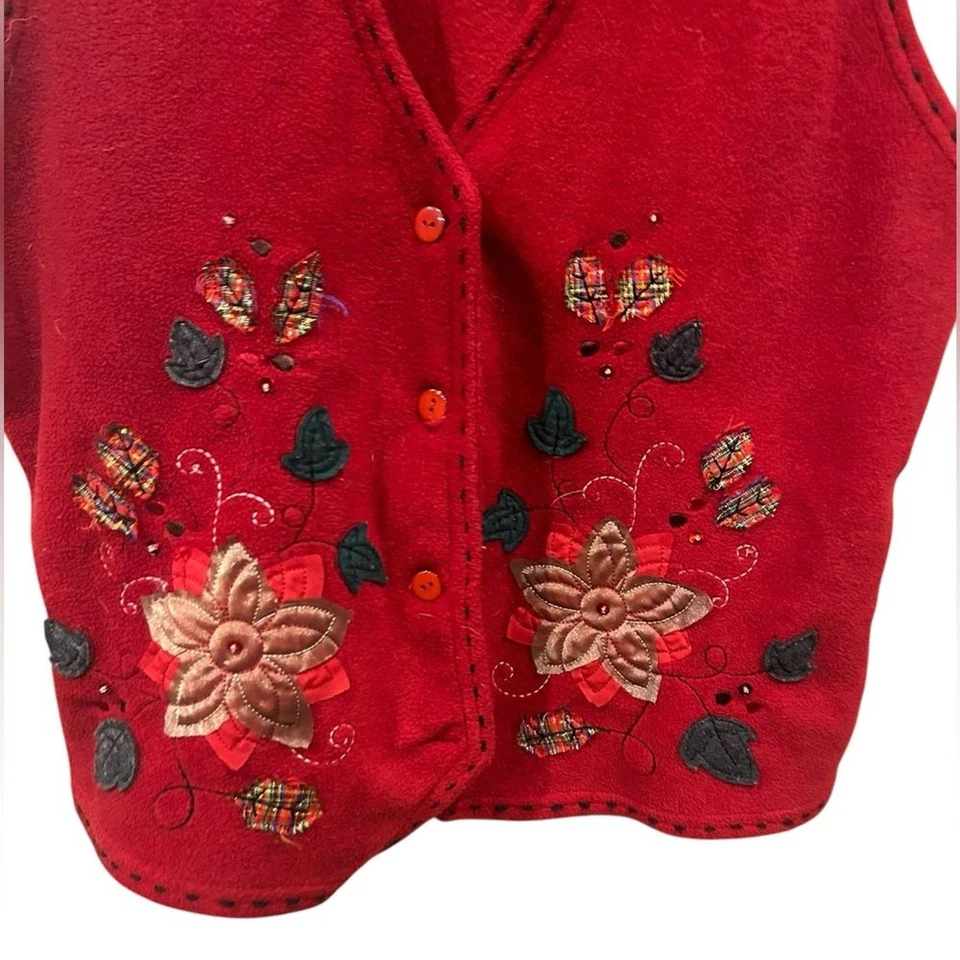Carolyn Taylor Vintage Christmas Vest Fleece Red XL Holiday Ugly Sweater Button - Image 4 of 4