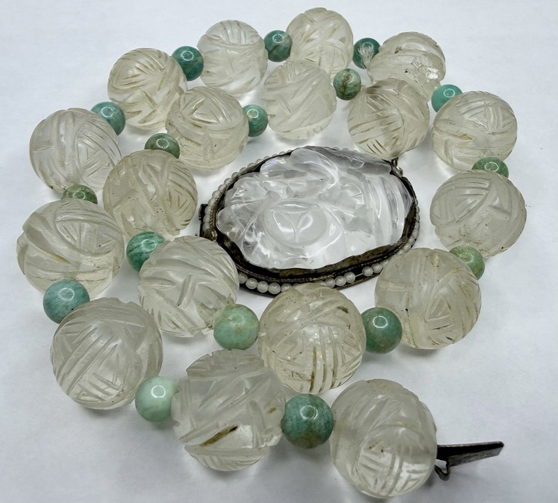 Vintage Handmade China Sterling Shou Rock Crystal Quartz Jade Necklace WOW!