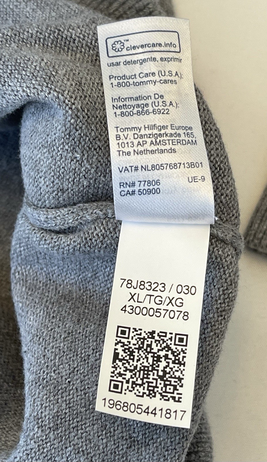 Tommy Hilfiger Men's Essential Gray Cotton V-Neck Sweater Sz. XL image 5