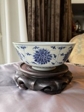 Chinese Antique Large Blue & White Lotus Bowl- Kangxi Mark, Qing Dynasty