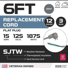 Flat Plug Replacement Power Cord with Open End - 12/3 6 Ft Gray Appliance