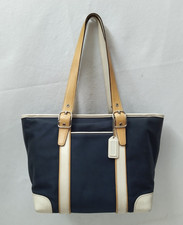 Coach Dark Blue Canvas Leather Trim Double Handles Tote Bag