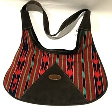 Guatemala Woven Handbag Multicolored Boho Aztec Design Brown Suede Strap Outline