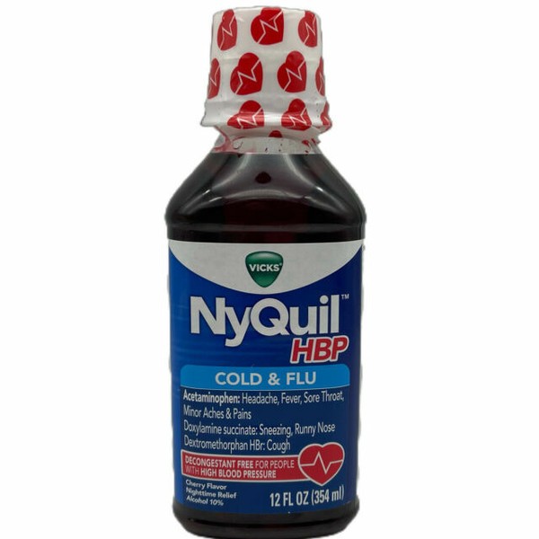 Vicks NyQuil HBP Cold & Flu Liquid Syrup Cherry Flavored 12oz for