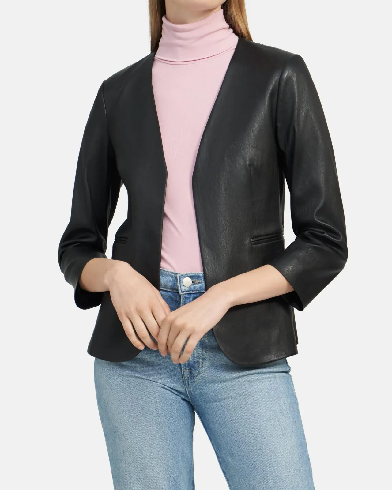 $995 NWT THEORY Sz10 LINDRAYIA BRISTOL STRETCH LAMB LEATHER OPEN JACKET BLACK image 8