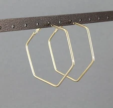 Gold hexagon hoop earrings hoops 2 1/8" wide metal leverback lightweight hoops