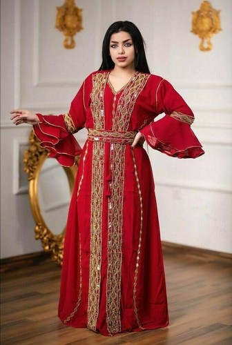 Festive Kaftano Crespo Vestito Rosso Jilbab Arabo Decorato Abito Dubai  Marocco | eBay