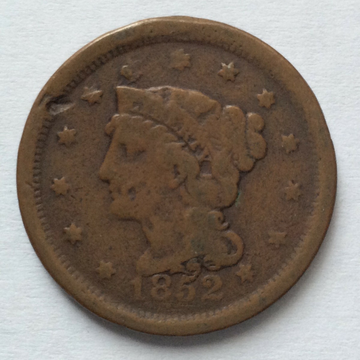 1852 Braided Hair Liberty Head Large One Cent Great Type U. S.