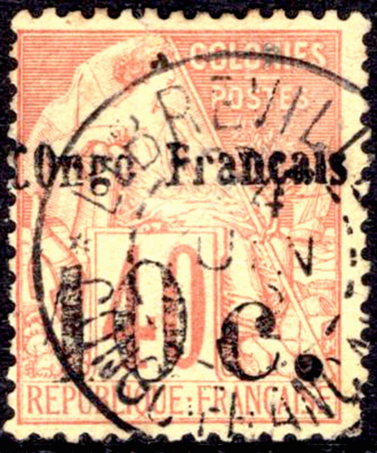 FRENCH CONGO 1891-1892 FRENCH STAMP 40c RED HANDSTAMPED & NEW VALUE 10c CV400€