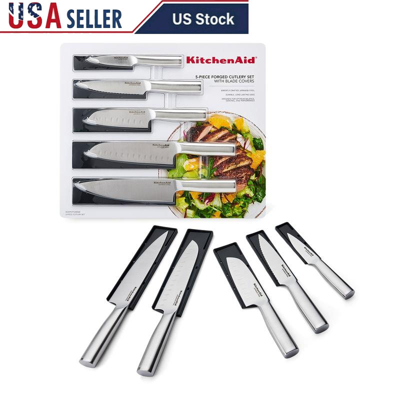 5-Piece Forged Stainless Steel Knife Set W/ Ergonomic Handles & Blade Covers New