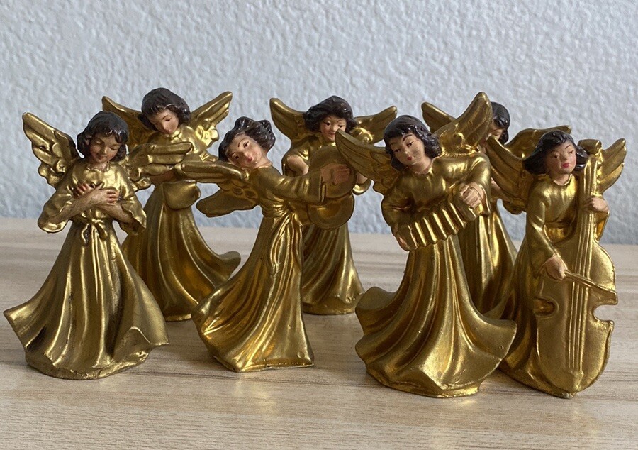 VTG Lot 7 Ornaments Made In Italy Angel Musician Figurines Gold Hand Painted
