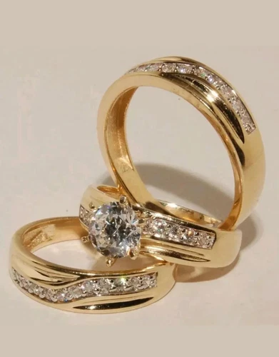Diamond Lab Created 14K Yellow Gold Fn Trio His/Her Wedding Engagement Ring Set