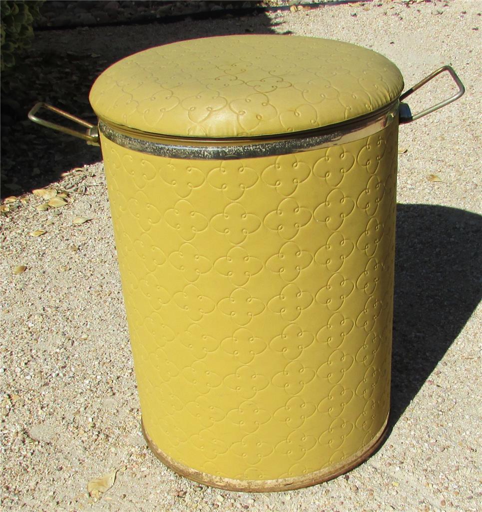 Vintage Mid Century Gold Laundry Clothes Hamper Round w/ Padded Lid 20" Tall eBay