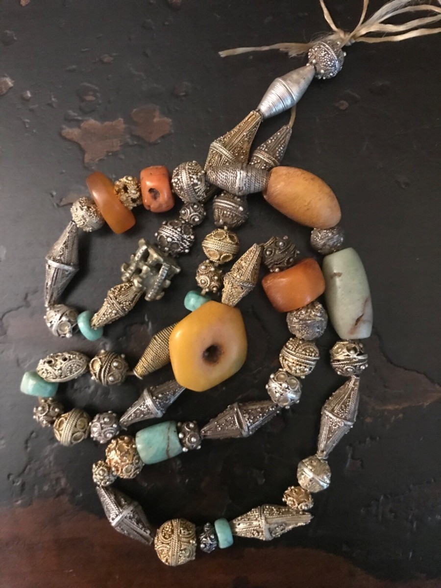 B) Rare Old Mauritanian Amber Amazonite Coral Granulation Silver