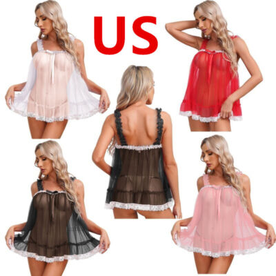 US Womens Top Sexy See Through Mesh Tank Lace Trim Ruffle Hem Camisole Nightwear