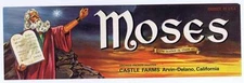 Moses, ten commandments, Fruit Crate Label,  Castle Farms, Arvin-Delano CA