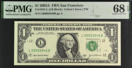 2003A $1 Federal Reserve Note PMG 68EPQ Top Pop LB Block- Low Serial Number 3946 - Picture 3 of 4