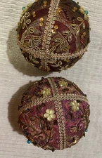 2 Decor Balls Fabric & Beads - 4” Round Ornament Burgundy 