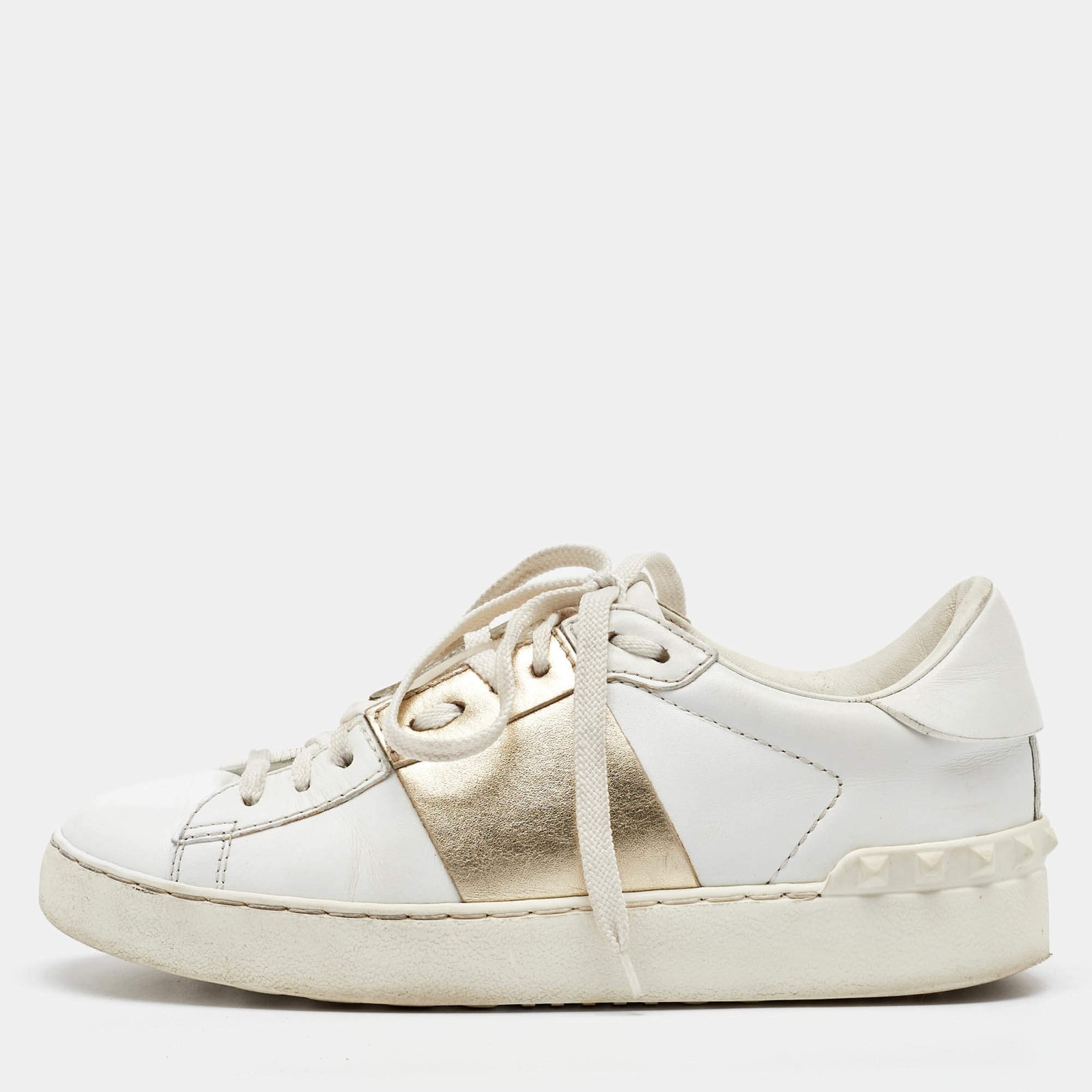 Valentino WhiteGold Leather Rockstud Low Top Sneakers Size 35.5