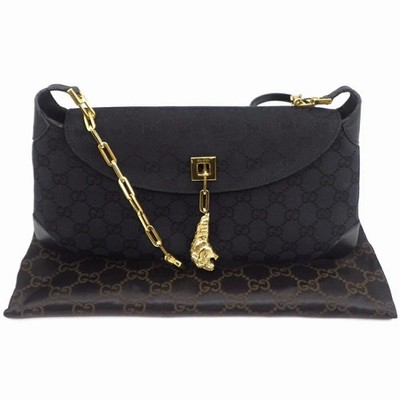GUCCI 001 4113 Tiger Head Gg Canvas Chain Shoulder Bag Black Leather