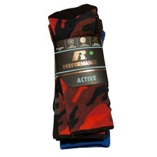 Russell Performance Active Crew Socks Red Camo Blue Stripe 3 Pair Large Boys