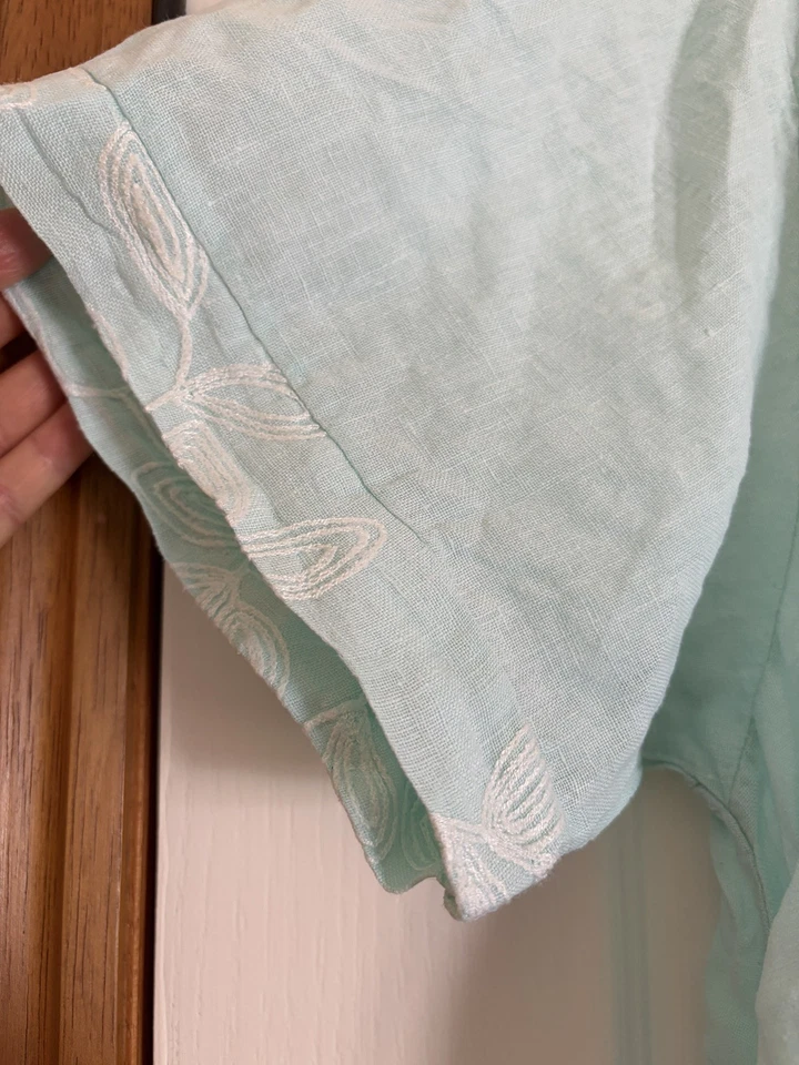 Size XL Ridley Italy Linen Long Dress Green Blue Short Sleeve Embroidered  - image 4 of 4