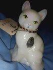 Fenton White Iridescent February Birthstone Sitting Cat Figurine - Signed