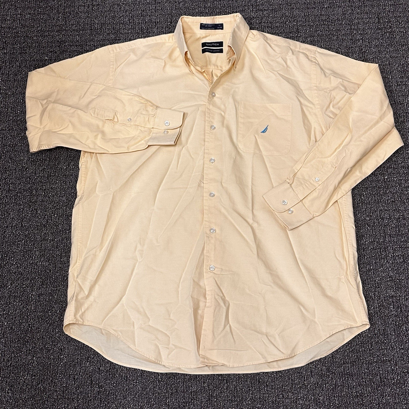 Nautica Vintage Oxford Button Up Shirt Mens Sz 17 34 35 Yellow Solid Cotton Prep
